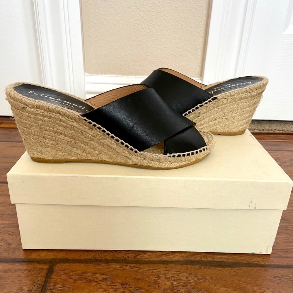 Bettye Muller Dijon Black Leather Wedges